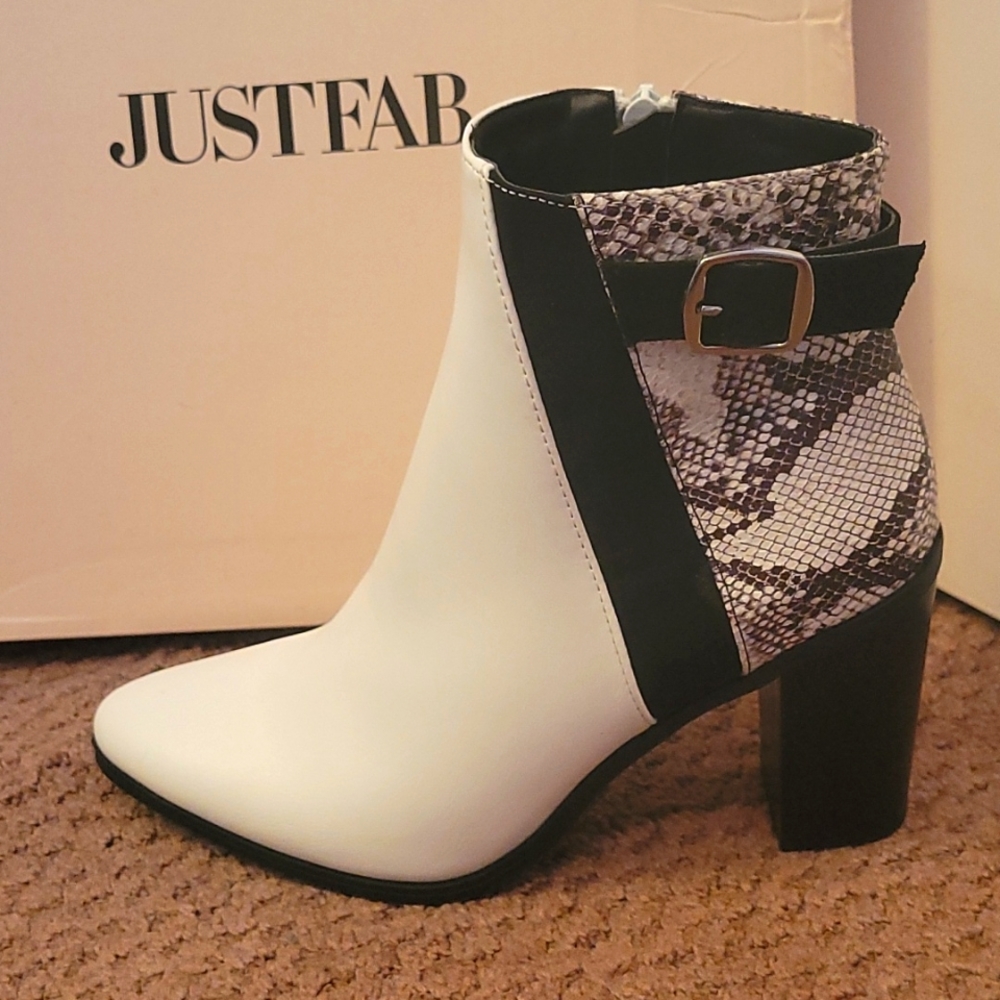 White and black with snakeskin print heeled booties